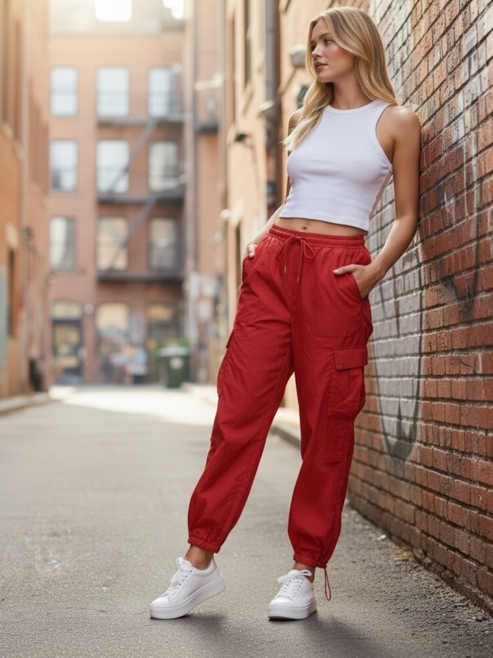 Halara Mid Rise Adjustable Drawcord Casual Cargo Joggers with Pockets in Rust.